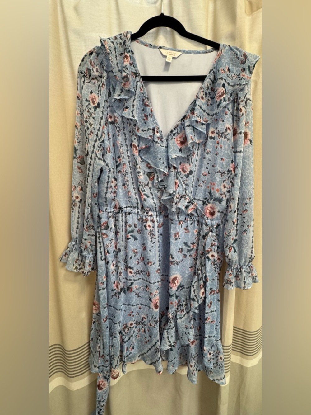 LC Lauren Conrad Light Blue Floral Ruffle Wrap dress